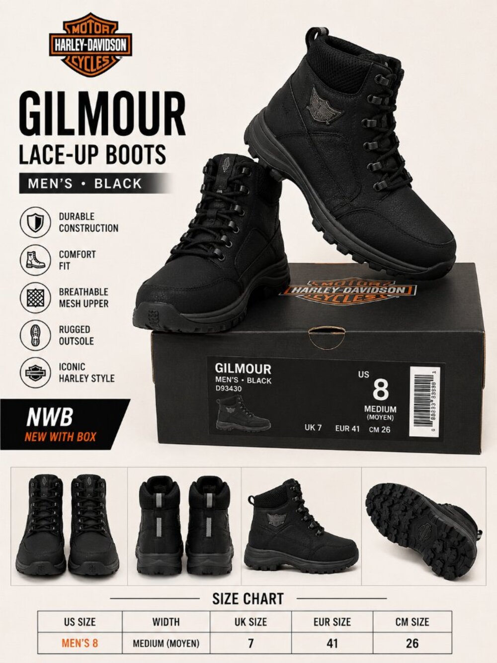Harley-Davidson Gilmour Lace-Up Boots Black Men's Size 8
